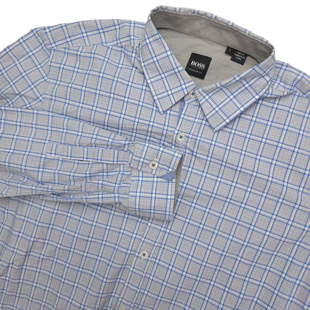 Hugo Boss Regular Fit Shirt Mens L Blue Check Long Sleeve Button Up Cotton